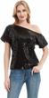 anna-kaci women's short sleeve one shoulder glittery sequin blouse top logo