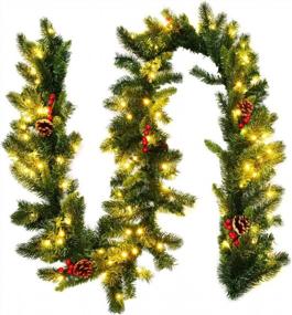 img 4 attached to 9-футовая рождественская гирлянда Goplus со 100 светодиодными лампочками, таймером, сосновыми шишками и красными ягодами - идеально подходит для праздничных украшений, свадеб и вечеринок