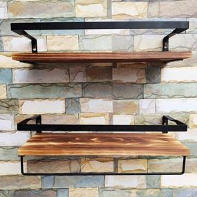 img 3 attached to Rustic Wood Wall Shelves With Rail And Towel Bar - Set Of 2 Solid Floating Wall Mounted Storage Shelves With 10 Hooks For Kitchen, Bathroom, Living Room, And Bedroom (Light Brown)