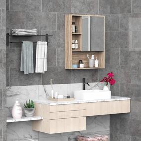 img 3 attached to Kleankin Wall-Mounted Wooden Bathroom Medicine Cabinet, Storage Cabinet With Mirror Glass Door Adjustable Open Shelf Oak Grain
