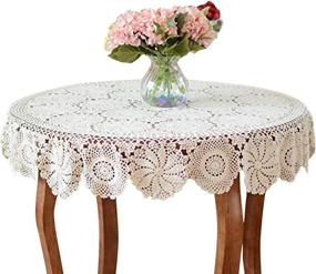 img 4 attached to Beige 60-Inch Round Lace Tablecloth Crochet Floral Table Cover Handmade Cloth