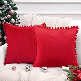 img 4 attached to Red Velvet Outdoor Cushion Covers 18X18 - Set Of 2 Decorative Throw Pillow Covers With Pom-Poms For Sofa Bed By Top Finel