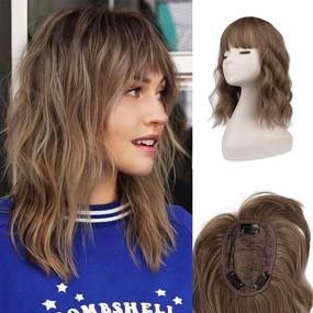 img 4 attached to Curly Wavy Hair Topper With Bangs And Clips For Women - FESHFEN Synthetic Hair Extensions For Thinning Crown, 14 Inches In Brown Mixed Blonde, Ideal Hairpiece For Daily Use