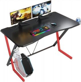 img 4 attached to 47-дюймовый эргономичный игровой стол VIPEK для домашнего офиса и игр на ПК — X-образная черно-красная рабочая станция для геймеров с подстаканником, крючком для наушников и двойным управлением кабелями