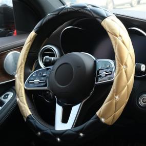 img 2 attached to 💎 Black Gold Diamond Leather Steering Wheel Cover - Xizopucy Gold Bling Car Steering Wheel Cover for Women, Crystal Rhinestones Soft Anti-Slip Accessories for Girls, Universal Fit 14 1/2-15 Inch