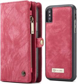 img 4 attached to KONKY IPhone X/Xs Magnetically Detachable Wallet Case In Red Leather: Efficient Phone And Card Storage With Smooth Zipper