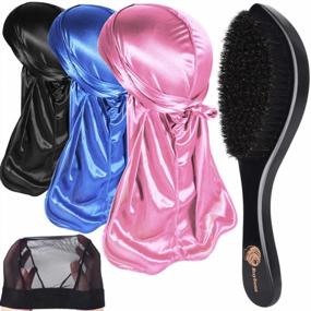 img 4 attached to 3Pcs Durags & 360 Wave Brush Kit For Men - Curved Medium/Hard Hair Brushes + Extra 1 Wave Cap