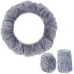 x autohaux universal 15 inch 38cm warm faux fur fluffy car steering wheel cover with handbrake cover gear shift cover set gray logo