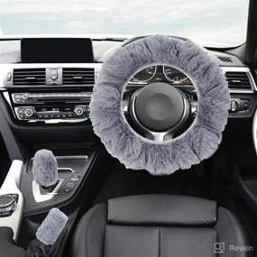 img 3 attached to X AUTOHAUX Universal 15 Inch 38Cm Warm Faux Fur Fluffy Car Steering Wheel Cover With Handbrake Cover Gear Shift Cover Set Gray