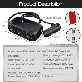 img 3 attached to Разветвитель адаптера для прикуривателя с 3 гнездами и 2 USB-портами для зарядки автомобильных устройств - 120 Вт, 12 В/24 В, USB-порты автомобильной зарядки - черный, для устройств с прикуривателем и аварийным мигающим светом автомобиля.