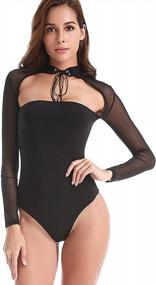img 4 attached to Velius Women Sexy Choker Bandage Strapless Long Sleeve Mesh Bodysuit Party Clubwear