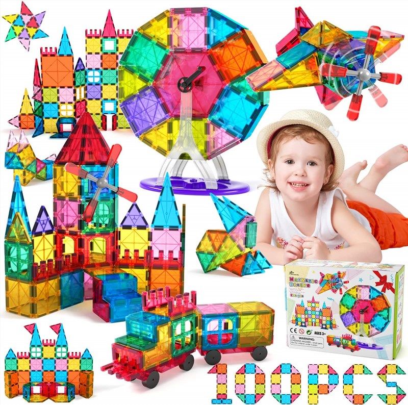 Magnetic Tiles-3D Clear Magnetic Building Blocks, Magnetic Tiles for Kids  Ages 4-8, Educational Magnetic Tiles Construction STEM Toys Magnets Building  Sets Gifts for Kids Boys and Girls 100P