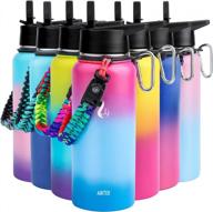 amiter water bottle: vacuum insulated 18/8 stainless steel, wide mouth straw lid & handle lid (22oz-128oz), bpa free travel mug jug logo