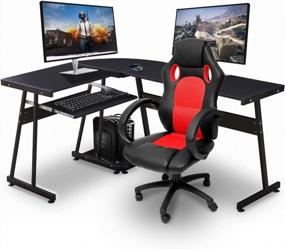 img 4 attached to Modern L-Shaped Gaming Desk With Keyboard Tray And CPU Stand For Small Home Office Spaces - Reversible Black Corner Desk (44X58)