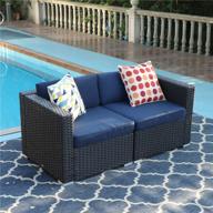 уличный комплект секционных диванов из ротанга с подушками - двухместное двухместное сиденье для патио для всепогодного использования (темно-синий) от phi villa логотип