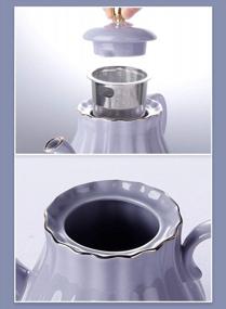 img 2 attached to Amazingware Porcelain Tea Set - Tea Cup And Saucer Set Service For 6, With 28 Oz Teapot Sugar Bowl Cream Pitcher Teaspoons And Tea Strainer - For Thanksgiving - Pumpkin Fluted Shape, Purple