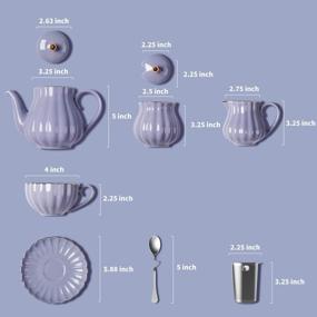 img 3 attached to Amazingware Porcelain Tea Set - Tea Cup And Saucer Set Service For 6, With 28 Oz Teapot Sugar Bowl Cream Pitcher Teaspoons And Tea Strainer - For Thanksgiving - Pumpkin Fluted Shape, Purple
