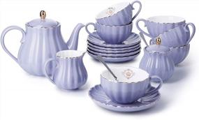 img 4 attached to Amazingware Porcelain Tea Set - Tea Cup And Saucer Set Service For 6, With 28 Oz Teapot Sugar Bowl Cream Pitcher Teaspoons And Tea Strainer - For Thanksgiving - Pumpkin Fluted Shape, Purple