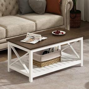 img 3 attached to Rustic Farmhouse Coffee Table With Shelf, Vintage White Finish For Living Room