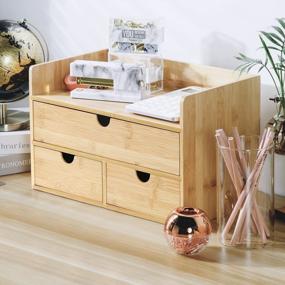 img 2 attached to 3-Drawer Bamboo Desk Organizer With Shelf - Fully Assembled - Multifunctional Mini Tabletop Storage For Office Or Home.