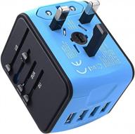 all-in-one universal travel adapter with 4 usb ports for 160 countries - perfect for us, eu, uk, and au - blue logo