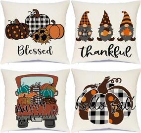 img 4 attached to Set Of 4 Farmhouse Fall Pillow Covers 18X18 Inches - Autumn Decor With Buffalo Check Plaid, Gnome And Pumpkin Designs - Perfect For Thanksgiving And Outdoor Use - Decorative Cushion Cases For Couch