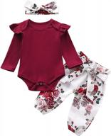 3pc baby-girl outfit set: long-sleeve romper, flower pant, headband - letter print & adorable style logo