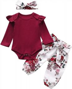 img 4 attached to 3PC Baby-Girl Outfit Set: Long-Sleeve Romper, Flower Pant, Headband - Letter Print & Adorable Style