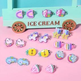 img 2 attached to Colorful Clip On Earrings For Kids - Set Of 12 Hypoallergenic Unicorn, Mermaid, Rainbow, And Shell Designs - Ideal For Princess Parties, Pretend Play, And Gift Giving To Toddlers And Girls