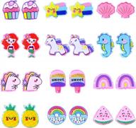 красочные серьги-клипсы для детей - набор из 12 гипоаллергенных дизайнов единорога, русалки, радуги и ракушек - идеально подходит для вечеринок принцесс, ролевых игр и подарков для малышей и девочек логотип