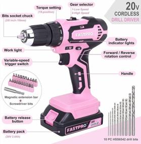 img 2 attached to FASTPRO 20V Max Pink Lithium-Ion Cordless Drill Driver Set With 2.0 Ah Batteries, Charger & Tool Bag