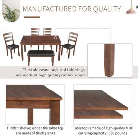 img 2 attached to Обеденный набор Merax из 6 предметов, деревянный кухонный стол, скамья, 4 мягких стула, подушка из искусственной кожи, семейная мебель для 6 человек, коричневый