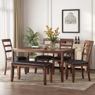 обеденный набор merax из 6 предметов, деревянный кухонный стол, скамья, 4 мягких стула, подушка из искусственной кожи, семейная мебель для 6 человек, коричневый логотип