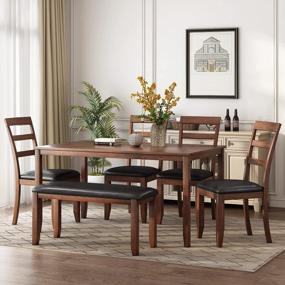 img 4 attached to Обеденный набор Merax из 6 предметов, деревянный кухонный стол, скамья, 4 мягких стула, подушка из искусственной кожи, семейная мебель для 6 человек, коричневый
