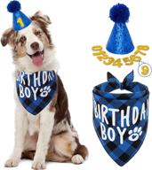 flystar dog birthday bandana with hat and number - plaid cute dog bandana for small medium dogs boy - blue triangle scarf bibis party dog outfits логотип