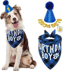 img 4 attached to FLYSTAR Dog Birthday Bandana with Hat and Number - Plaid Cute Dog Bandana for Small Medium Dogs Boy - Blue Triangle Scarf Bibis Party Dog Outfits