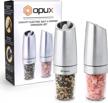 opux premium gravity electric salt and pepper grinder set of 2 battery powered salt shakers, automatic one hand pepper mills with led light, adjustable coarseness (steel) 1 logo