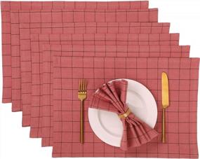 img 4 attached to Folkulture Placemats Set Of 6, 13X19In Place Mats For Dining Table Decor, Modern Boho Woven Checks Table Mats For Farmhouse Home Decorations 100% Cotton Red