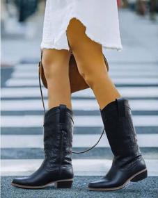 img 1 attached to TEMOFON ковбойские сапоги для женщин с острым носком, женские ковбойские сапоги, вышитые сапоги в стиле вестерн, без застежки, сапоги до середины икры на массивном каблуке