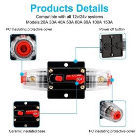 img 1 attached to ⚡ High Current 60 Amp 12V-24V DC Fuse Holder for Car Audio Marine Boat Stereo - Manual Reset, Audio Circuit Breaker with Wire Lugs and Heat Shrink Tube