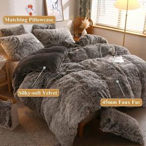 img 3 attached to Luxury XeGe Plush Shaggy Duvet Cover Set - Ultra Soft Velvet Fluffy Bedding Sets 3 Pieces (Queen, Dark Gray Ombre) With Zipper Closure