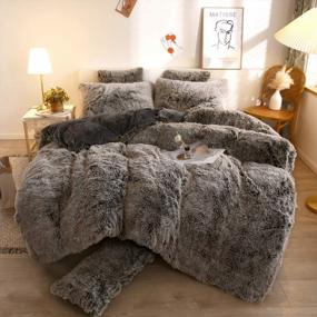 img 4 attached to Luxury XeGe Plush Shaggy Duvet Cover Set - Ultra Soft Velvet Fluffy Bedding Sets 3 Pieces (Queen, Dark Gray Ombre) With Zipper Closure