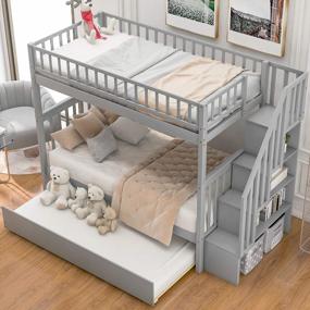 img 3 attached to Серая двухъярусная кровать с двумя односпальными кроватями с выдвижным ящиком, лестницей и местом для хранения от Merax, изготовленная из массива дерева