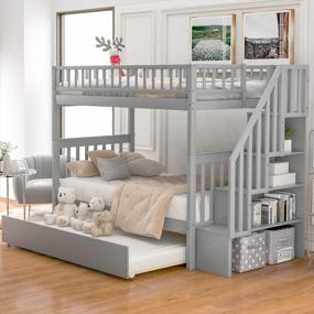 img 4 attached to Grey Twin Over Twin Bunk Bed With Trundle, Staircase And Storage By Merax, Constructed With Solid Wood