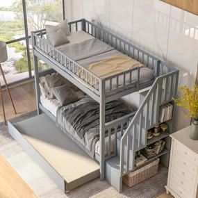 img 2 attached to Серая двухъярусная кровать с двумя односпальными кроватями с выдвижным ящиком, лестницей и местом для хранения от Merax, изготовленная из массива дерева