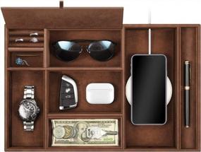img 4 attached to Brown PU Leather Desktop Valet Tray - 8-Compartment Catchall Organizer For EDC, Bedside, Vanity, Nightstand, Coins, Keys, And Jewelry Storage