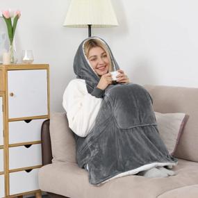 img 1 attached to 👘 Winthome Oversized Sherpa Hoodie Blanket for Women and Men, Warm and Cozy Giant Hooded Blanket with Big Hood and Giant Pocket, Perfect Gifts for Adults and Teenagers (Gray/Beige, M)