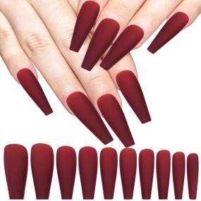 img 4 attached to Burgundy Matte Coffin Press On Nails - 100Pc Set For Elegant Manicure