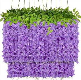 img 4 attached to 12 Pack Artificial Wisteria Hanging Flowers, 3.6 Feet Fake Wisteria Vine Rattan String For Home Office Wedding Wall Garden Outdoor Party Decoration (Purple)
