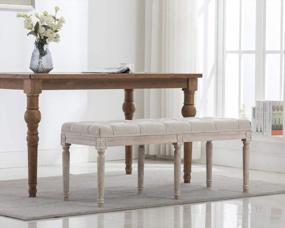 img 2 attached to Kmax Upholstered Dining Room Bench, Rustic Living Room Ottoman Bench With Carved Pattern & Rustic White Brushed Rubber Wood Legs, Beige